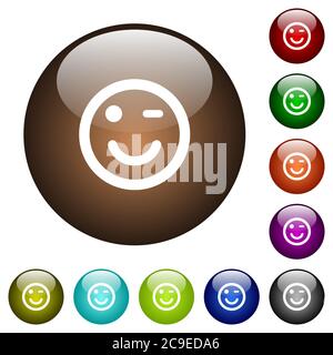 Winking emoticon white icons on round color glass buttons Stock Vector