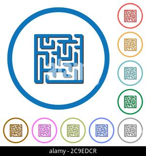 Labyrinth flat color vector icons with shadows in round outlines on white background Stock Vector