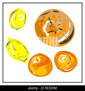 Citrus fruit. Lemon. Orange. Grapefruit. Isolated images of fruits on a white background from a set about proper nutrition, veganism and vegetarianism Stock Vector