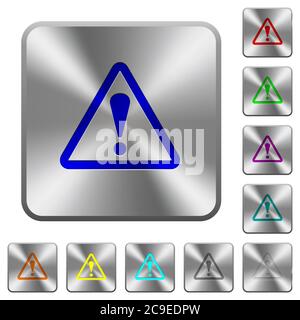 Triangle shaped warning sign engraved icons on rounded square glossy steel buttons Stock Vector