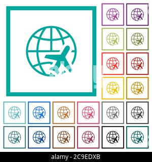 World travel flat color icons with quadrant frames on white background Stock Vector