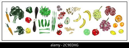 Color illustration of isolated fruits and vegetables on a white background. Broccoli. Onion. Dill. Tomatoes Cucumbers Avocado. Bananas Lemons. Stock Vector