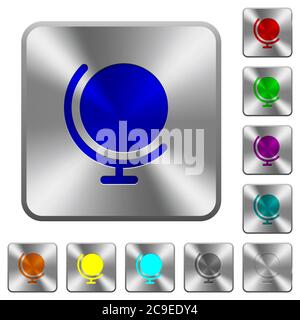 Globe with stand engraved icons on rounded square glossy steel buttons Stock Vector