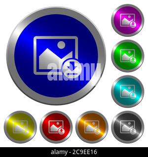 Download image icons on round luminous coin-like color steel buttons Stock Vector