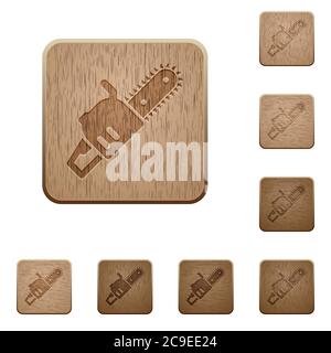 Chainsaw on rounded square carved wooden button styles Stock Vector
