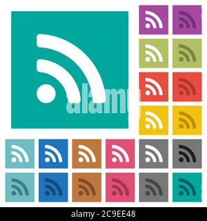 Radio signal multi colored flat icons on plain square backgrounds. Included white and darker icon variations for hover or active effects. Stock Vector