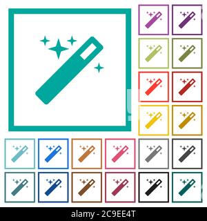 Magic wand flat color icons with quadrant frames on white background Stock Vector