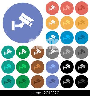 Security camera multi colored flat icons on round backgrounds. Included white, light and dark icon variations for hover and active status effects, and Stock Vector
