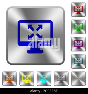 Change to fullscreen view engraved icons on rounded square glossy steel buttons Stock Vector