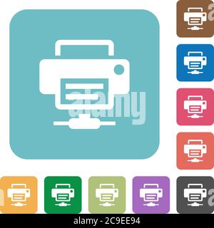 Network printer white flat icons on color rounded square backgrounds Stock Vector