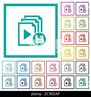 Save playlist flat color icons with quadrant frames on white background Stock Vector
