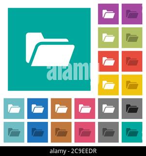 Folder open multi colored flat icons on plain square backgrounds. Included white and darker icon variations for hover or active effects. Stock Vector