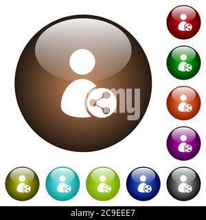 Share user data white icons on round color glass buttons Stock Vector