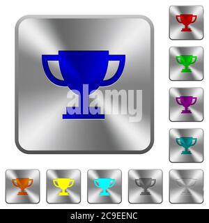 Trophy cup engraved icons on rounded square glossy steel buttons Stock Vector