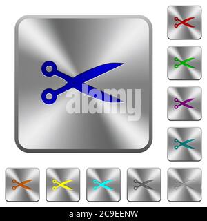 Cut with scissors engraved icons on rounded square glossy steel buttons Stock Vector
