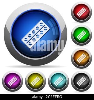 Batch of pills in blister pack icons in round glossy buttons with steel frames Stock Vector