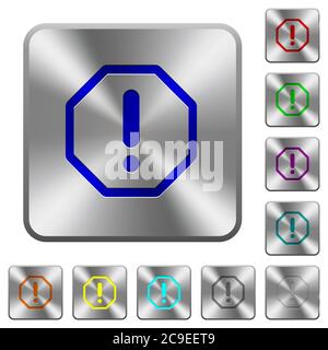 Octagon shaped error sign engraved icons on rounded square glossy steel buttons Stock Vector