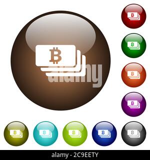 Bitcoin banknotes white icons on round color glass buttons Stock Vector