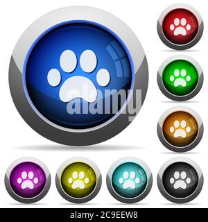 Paw prints icons in round glossy buttons with steel frames Stock Vector