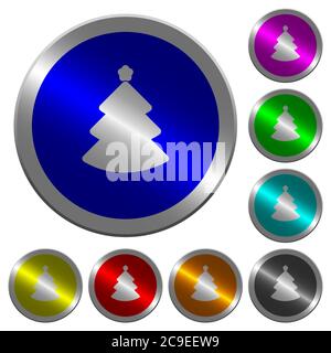 Christmas tree icons on round luminous coin-like color steel buttons Stock Vector