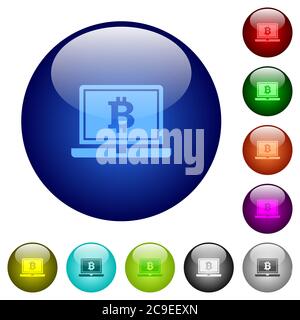 Laptop with Bitcoin sign icons on round color glass buttons Stock Vector