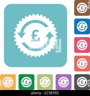 Pound pay back guarantee sticker white flat icons on color rounded square backgrounds Stock Vector