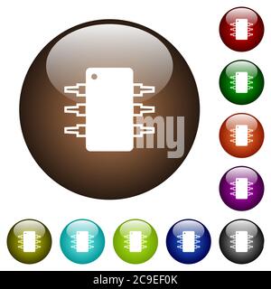 Integrated circuit white icons on round color glass buttons Stock Vector