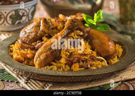 Nasi Bukhari Ayam. Chicken and rice dish. Malaysia and Middle East Food Stock Photo