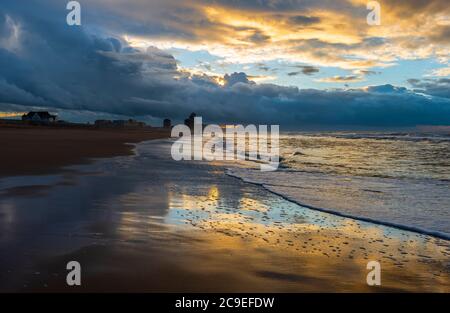 Cityscape of Oostende (Ostend) with its North Sea beach at sunset, Flanders, Belgium. Stock Photo