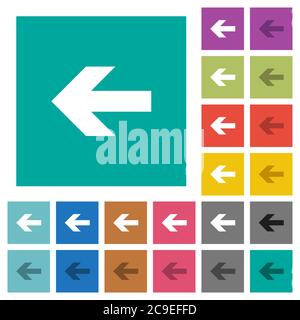 Left arrow multi colored flat icons on plain square backgrounds. Included white and darker icon variations for hover or active effects. Stock Vector