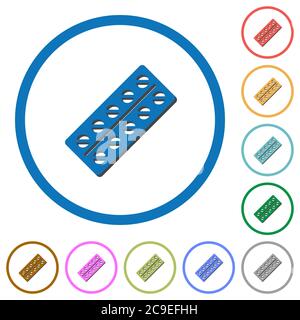 Batch of pills in blister pack flat color vector icons with shadows in round outlines on white background Stock Vector