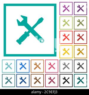 Tool kit flat color icons with quadrant frames on white background Stock Vector