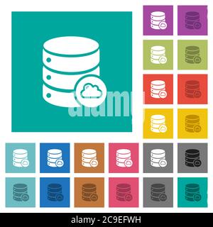 Cloud database multi colored flat icons on plain square backgrounds. Included white and darker icon variations for hover or active effects. Stock Vector