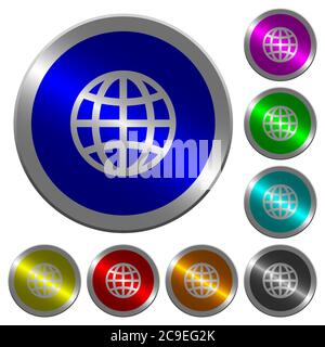 Globe icons on round luminous coin-like color steel buttons Stock Vector