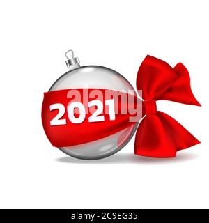 Christmas ball hanging on red ribbon bow realistic isolated with golden numbers 2021. Happy New Year. Stock Vector