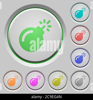 Bomb with sparkling fuse color icons on sunk push buttons Stock Vector