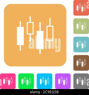 Candlestick chart flat icons on rounded square vivid color backgrounds. Stock Vector