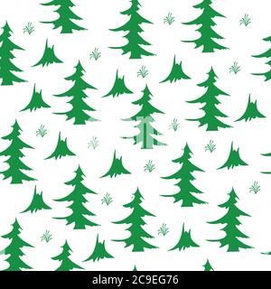 Hand-drawn Christmas tree. Christmas trees green Doodle seamless background. Stock Vector
