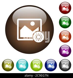 Adjust image brightness white icons on round color glass buttons Stock Vector