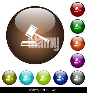 Auction hammer white icons on round color glass buttons Stock Vector