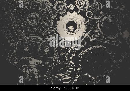 Luxury platinum, steel, chromium, black metal gradient background with distressed metal gear plate texture. Vector illustration Stock Vector