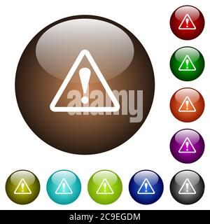 Triangle shaped warning sign white icons on round color glass buttons Stock Vector