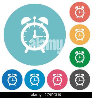 Alarm clock flat white icons on round color backgrounds Stock Vector