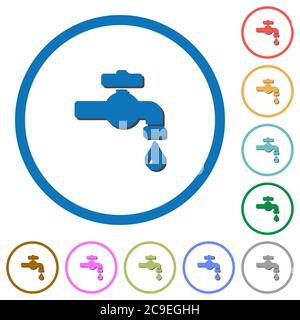 Water faucet with water drop flat color vector icons with shadows in round outlines on white background Stock Vector