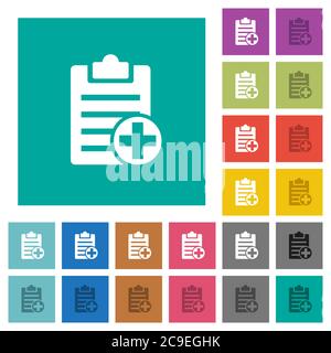 Add new note multi colored flat icons on plain square backgrounds. Included white and darker icon variations for hover or active effects. Stock Vector