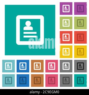 User profile multi colored flat icons on plain square backgrounds. Included white and darker icon variations for hover or active effects. Stock Vector
