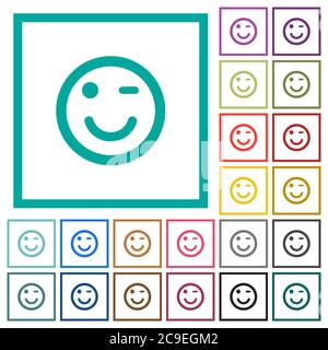 Winking emoticon flat color icons with quadrant frames on white background Stock Vector
