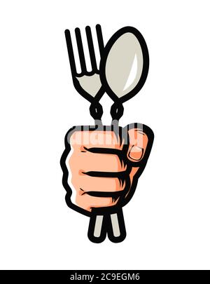 Fork and spoon in hand symbol. Cooking, restaurant, food concept Stock Vector