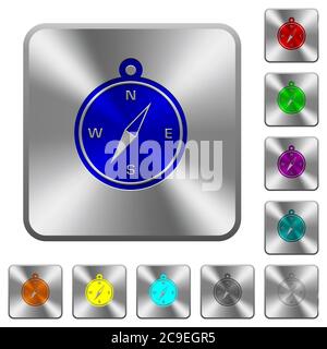 Compass engraved icons on rounded square glossy steel buttons Stock Vector