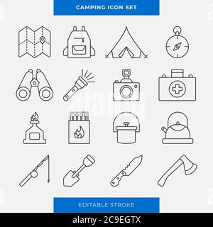 Simple set of vector icons for outdoor recreation, hiking in the forest, camping Stock Vector
